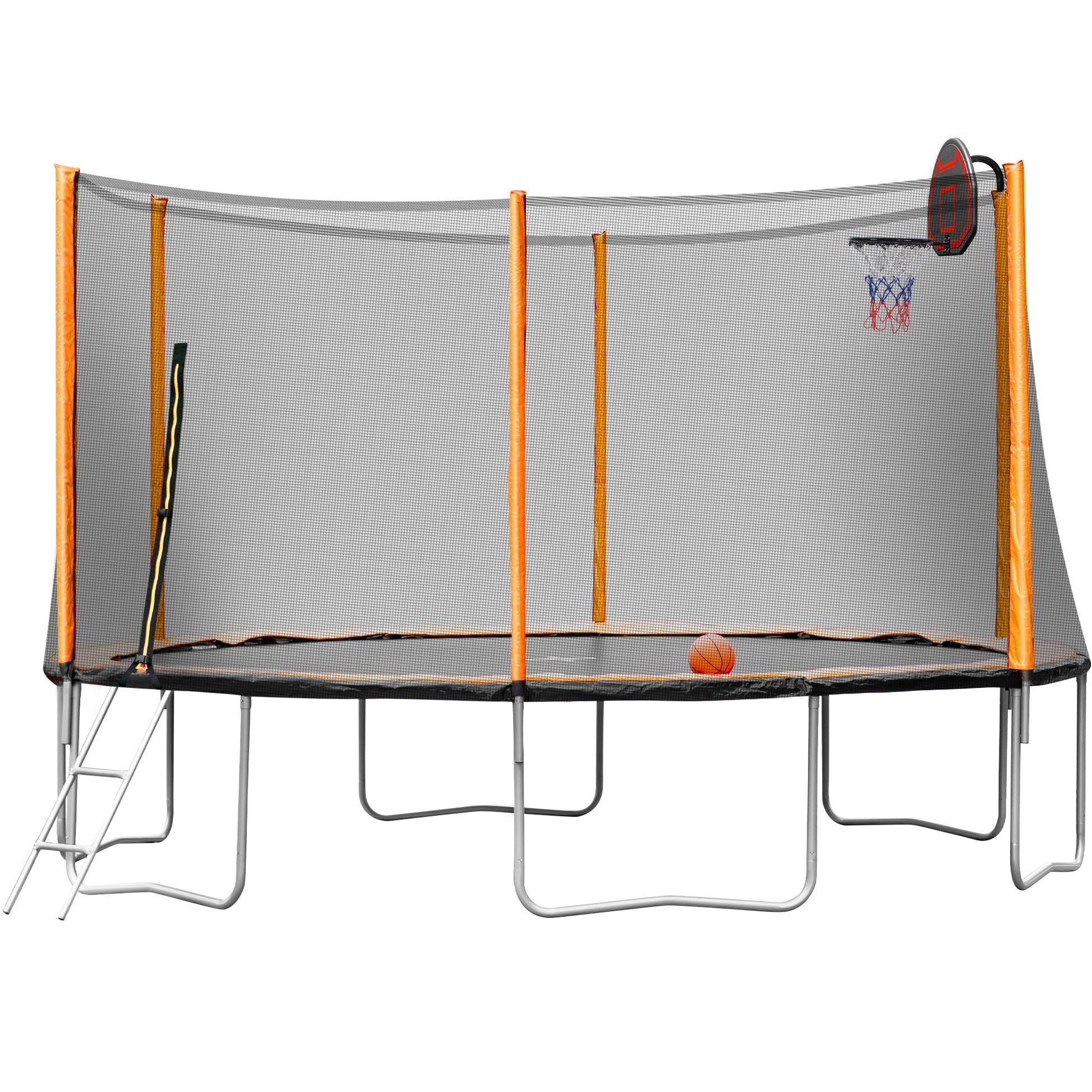 14Ft Powder Coated Advanced Trampoline With Basketball Hoop Inflator And Ladder Outer Safety Enclosure Orange Orange Steel