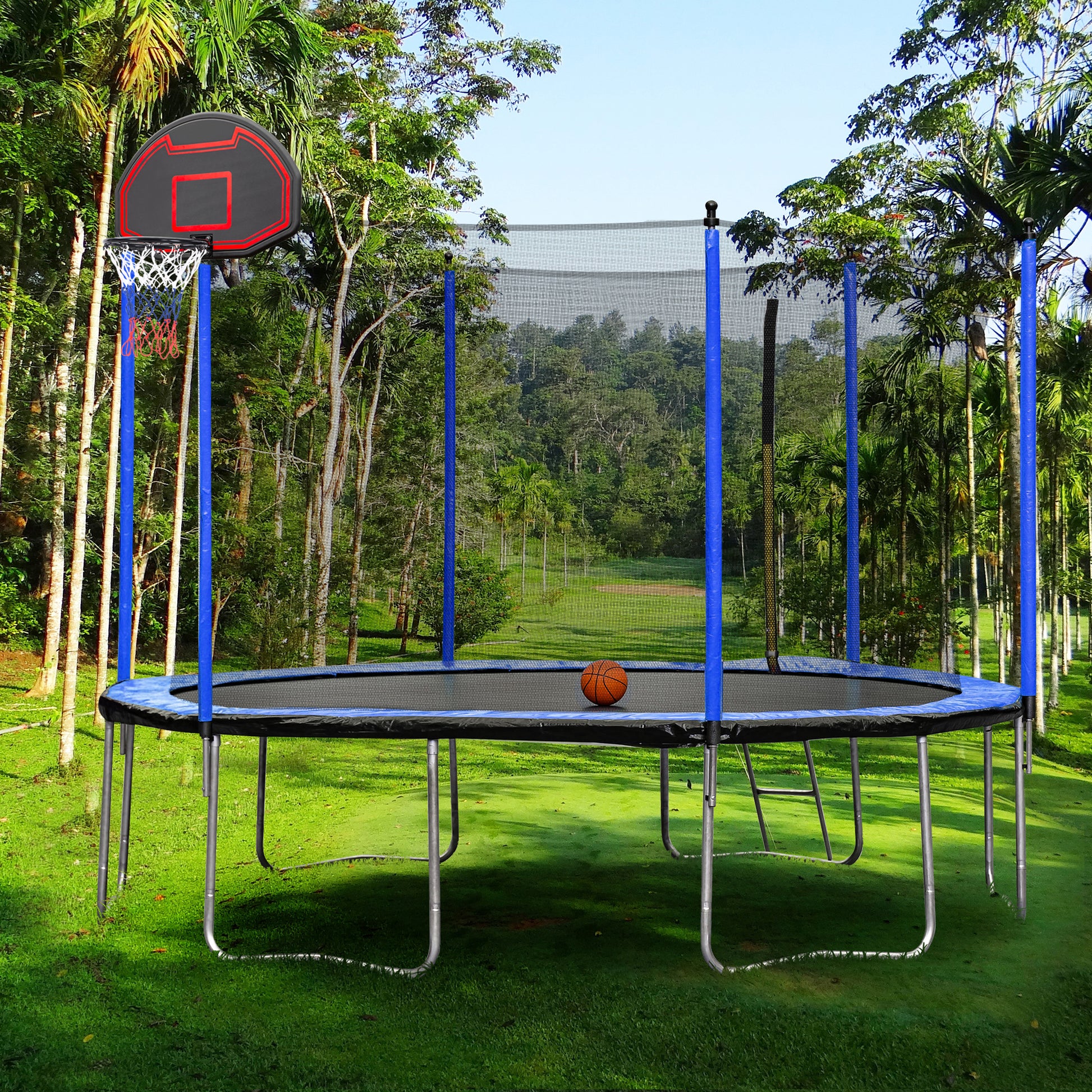 15Ft Trampoline With Basketball Hoop Inflator And Ladder Inner Safety Enclosure Blue Blue Stainless Steel