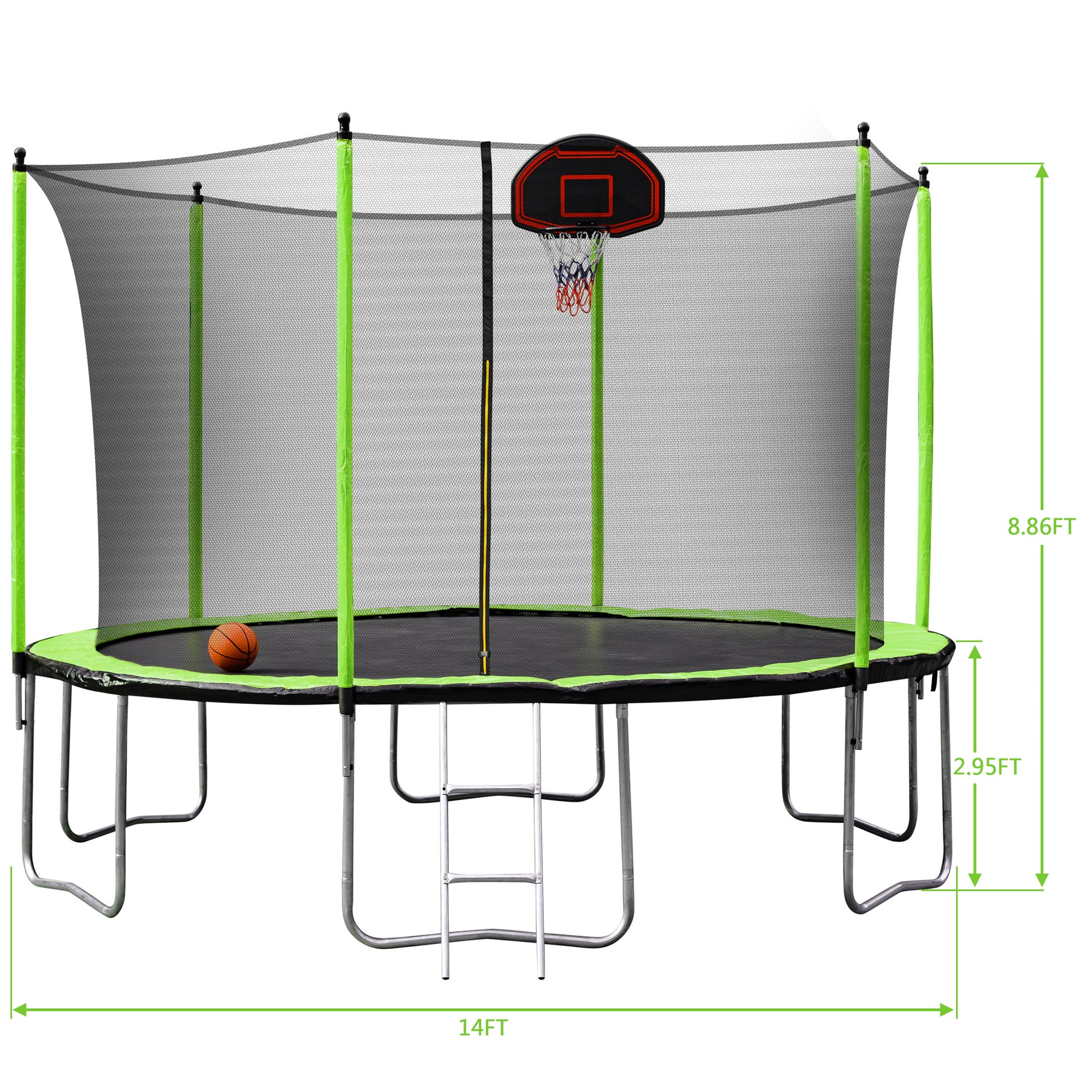 14Ft Trampoline With Basketball Hoop Inflator And Ladder Inner Safety Enclosure Green Green Metal