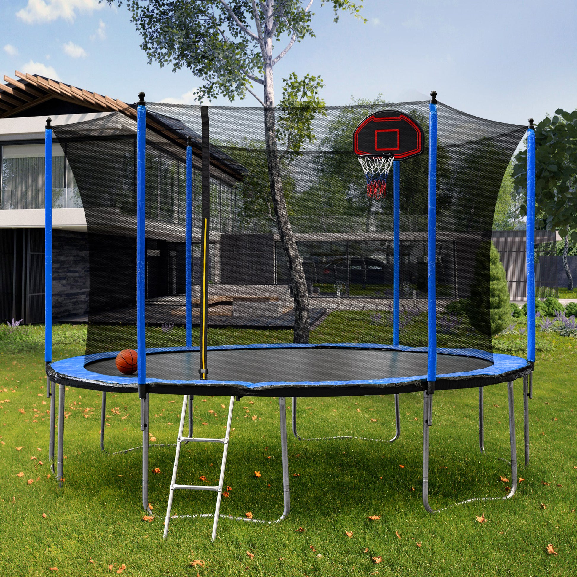 15Ft Trampoline With Basketball Hoop Inflator And Ladder Inner Safety Enclosure Blue Blue Stainless Steel