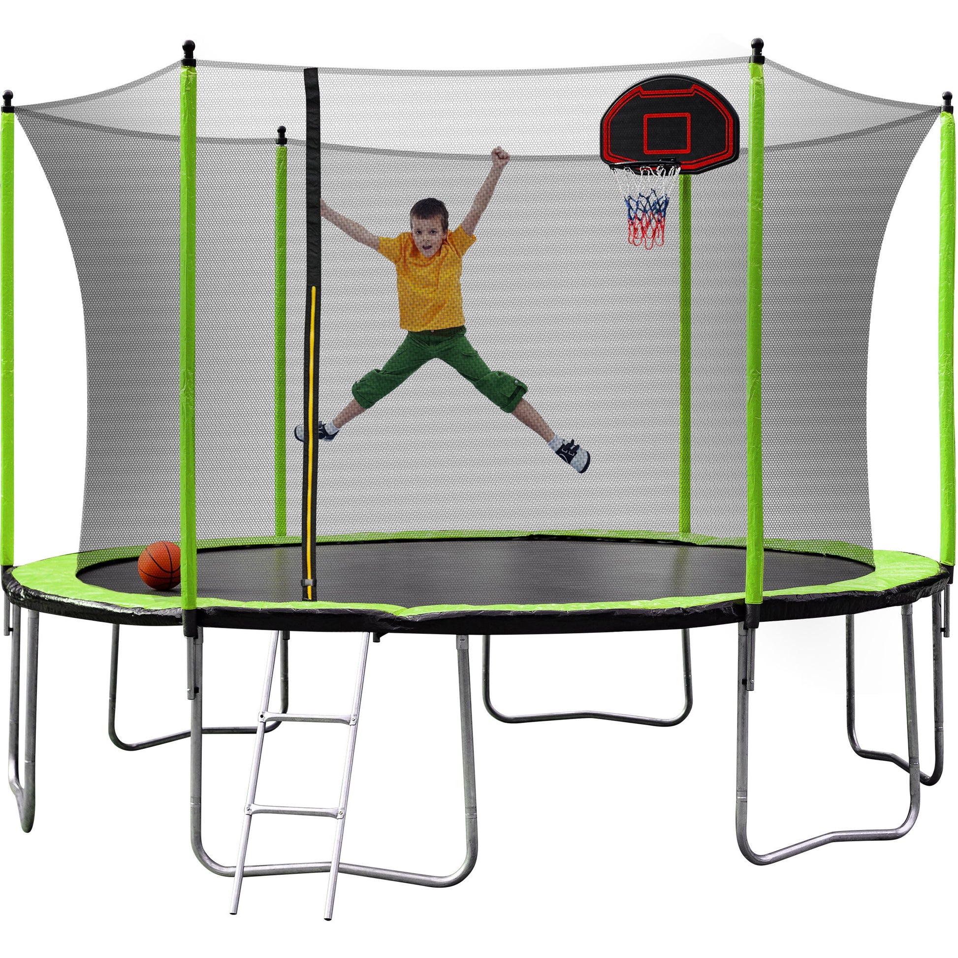 14Ft Trampoline With Basketball Hoop Inflator And Ladder Inner Safety Enclosure Green Green Metal