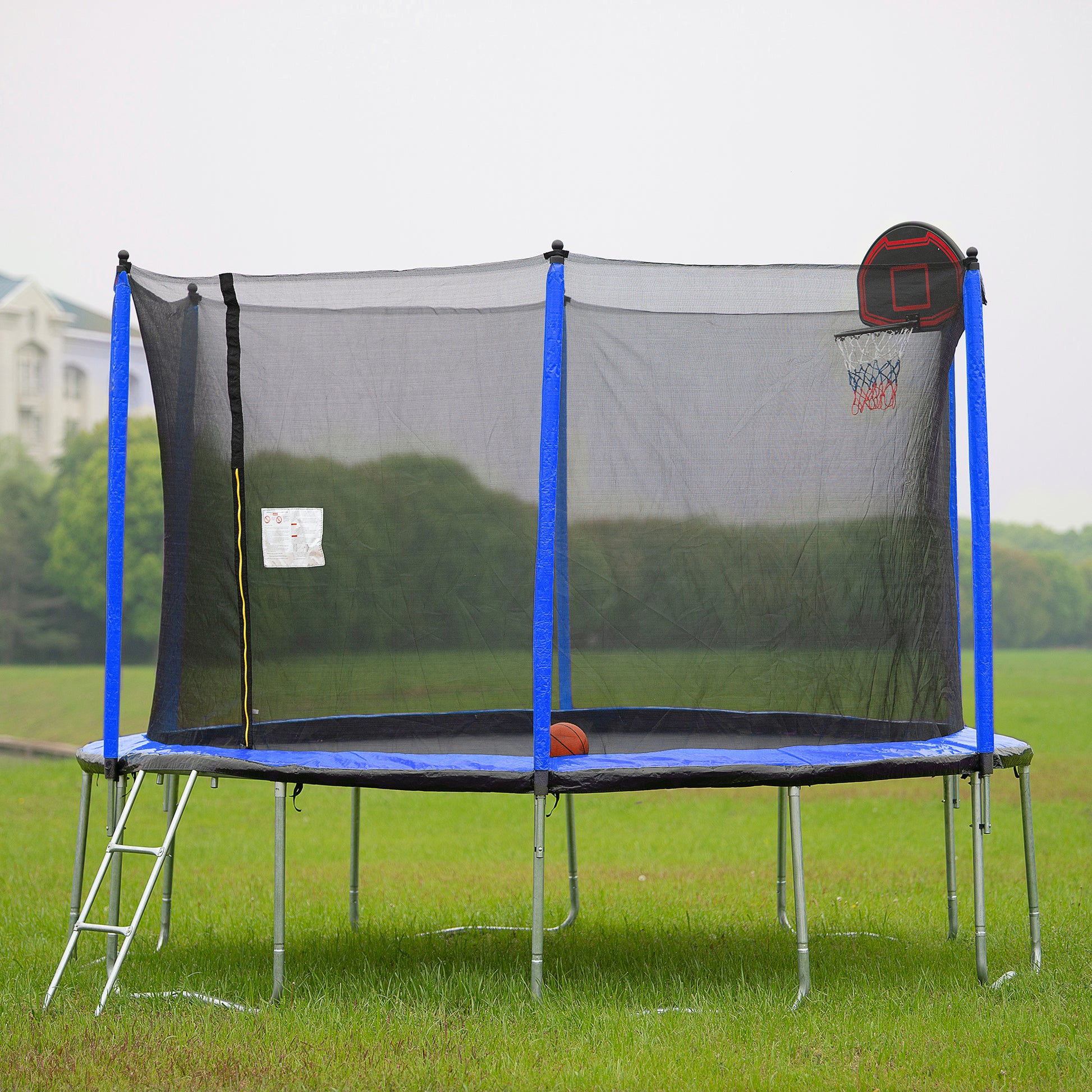 15Ft Trampoline With Basketball Hoop Inflator And Ladder Inner Safety Enclosure Blue Blue Stainless Steel