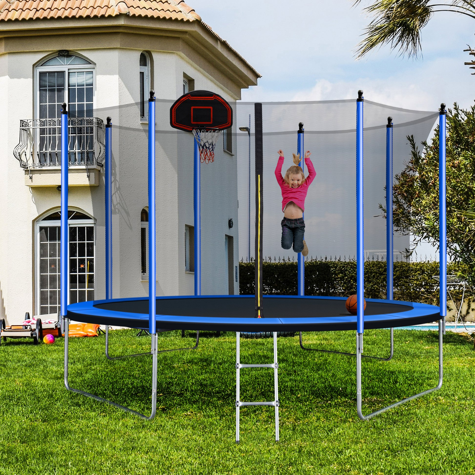 10Ft Trampoline With Basketball Hoop Inflator And Ladder Inner Safety Enclosure Blue Blue Metal