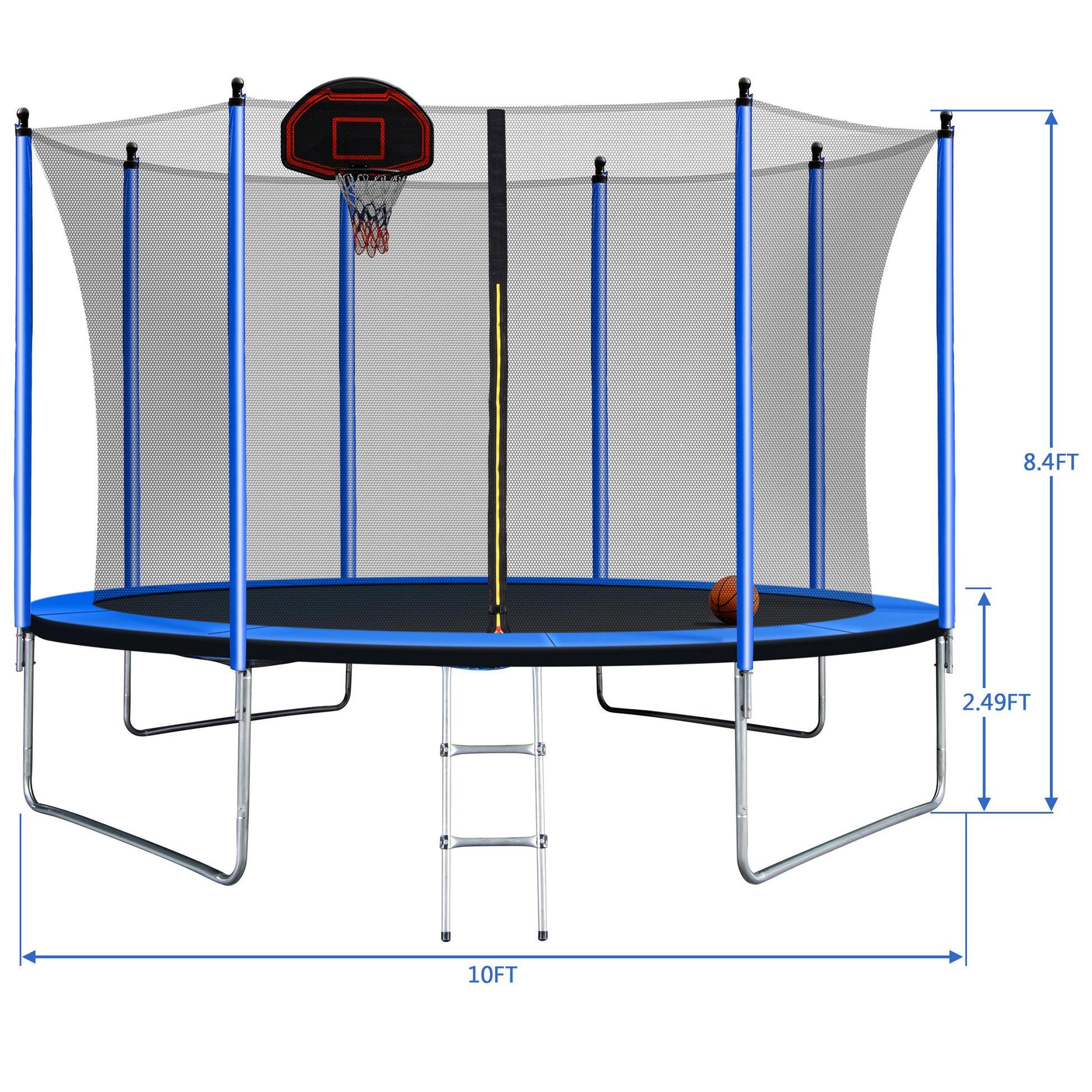 10Ft Trampoline With Basketball Hoop Inflator And Ladder Inner Safety Enclosure Blue Blue Metal