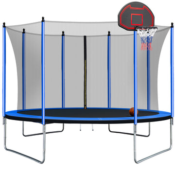 10Ft Trampoline With Basketball Hoop Inflator And Ladder Inner Safety Enclosure Blue Blue Metal