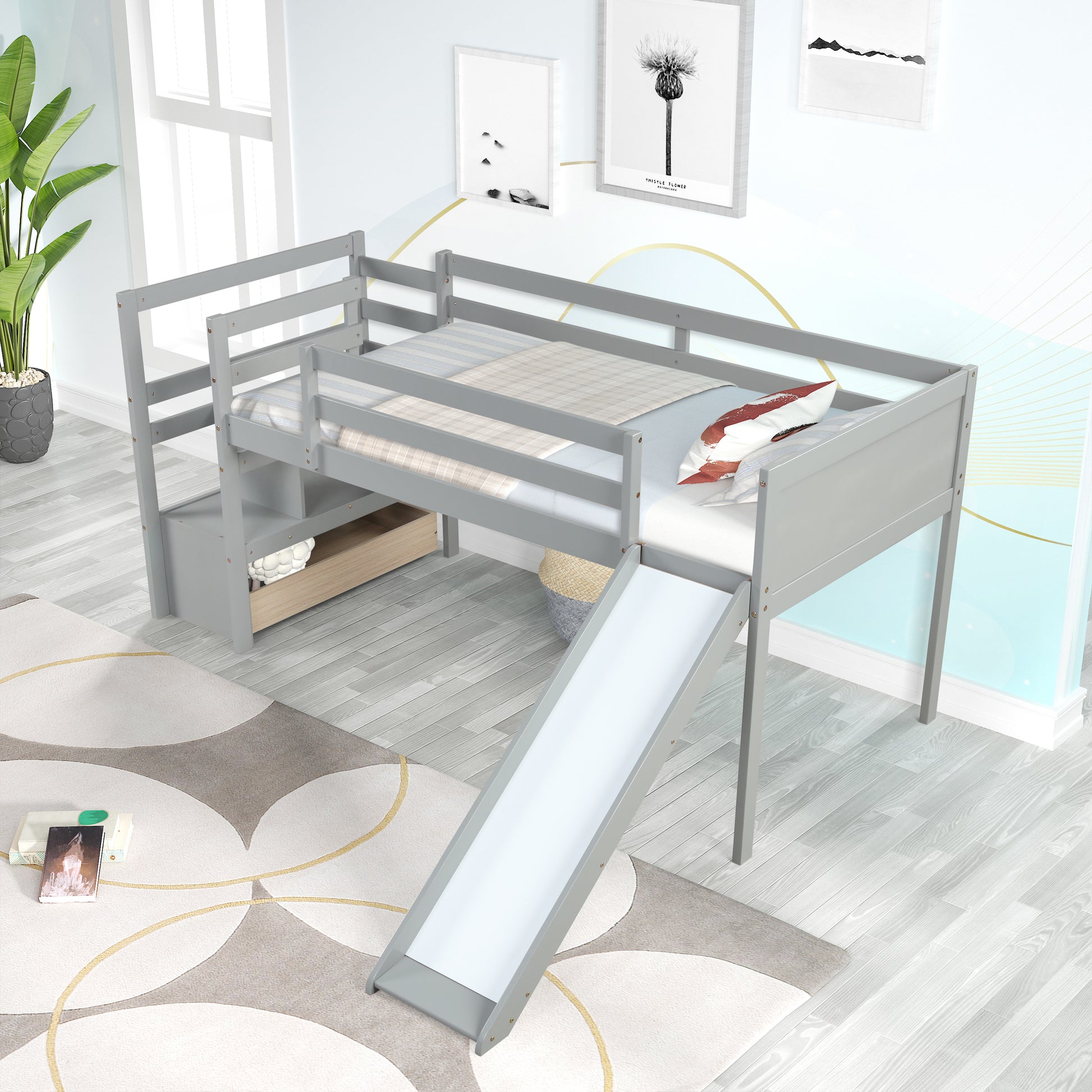 Twin Low Loft Bed With Stairs And Slide Gray Solid Wood