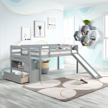 Twin Low Loft Bed With Stairs And Slide Gray Solid Wood