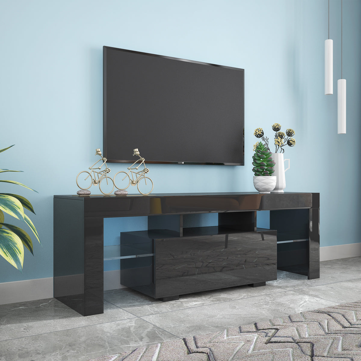 Black Tv Stand With Led Rgb Lights,Flat Screen Tv Cabinet, Gaming Consoles In Lounge Room, Living Room And Bedroom Black Black 50 59 Inches Mdf