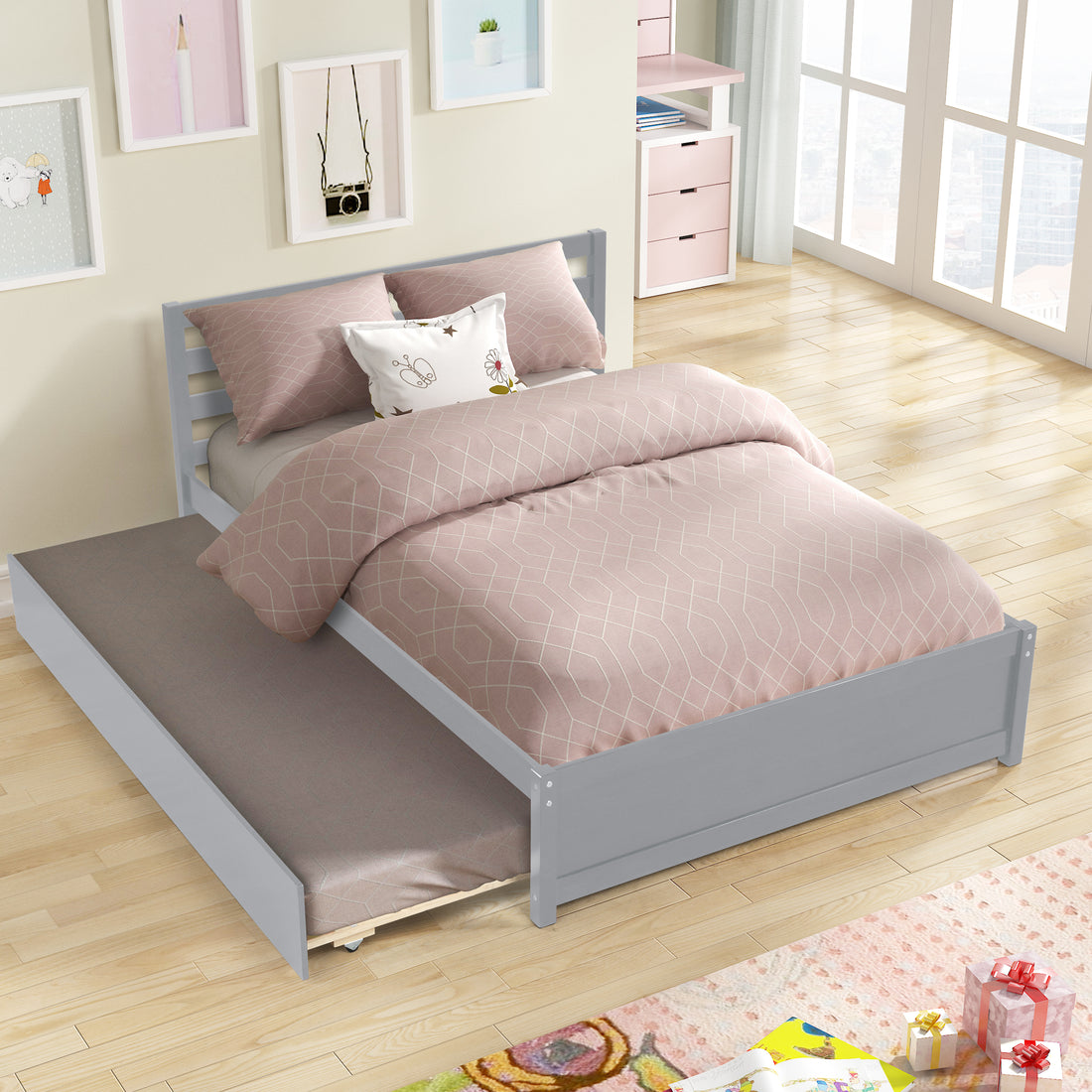 Full Size Wood Platform Bed Frame With Headboard And Twin Trundle For Grey Color Gray Solid Wood