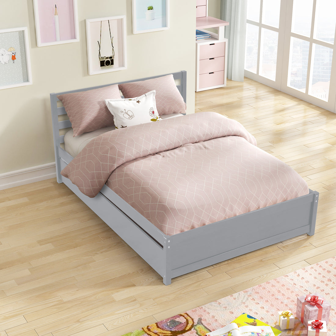 Full Size Wood Platform Bed Frame With Headboard And Twin Trundle For Grey Color Gray Solid Wood