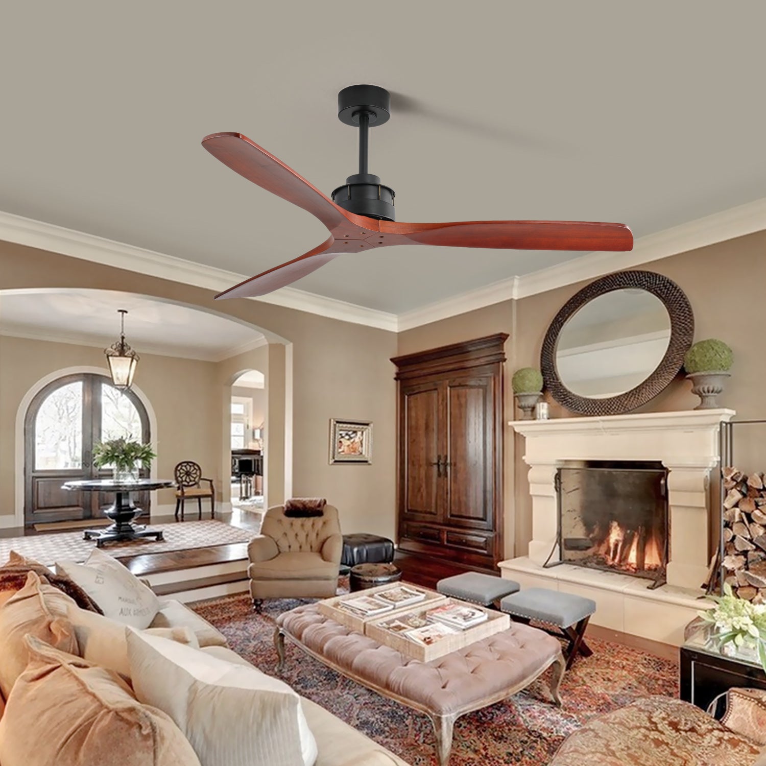 60 Inch Elegant Ceiling Fan With Remote Control,3 Mahogany Solid Wood Blades, Suitable For Indoor And Outdoor Black Metal & Wood