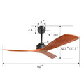 60 Inch Elegant Ceiling Fan With Remote Control,3 Mahogany Solid Wood Blades, Suitable For Indoor And Outdoor Black Metal & Wood