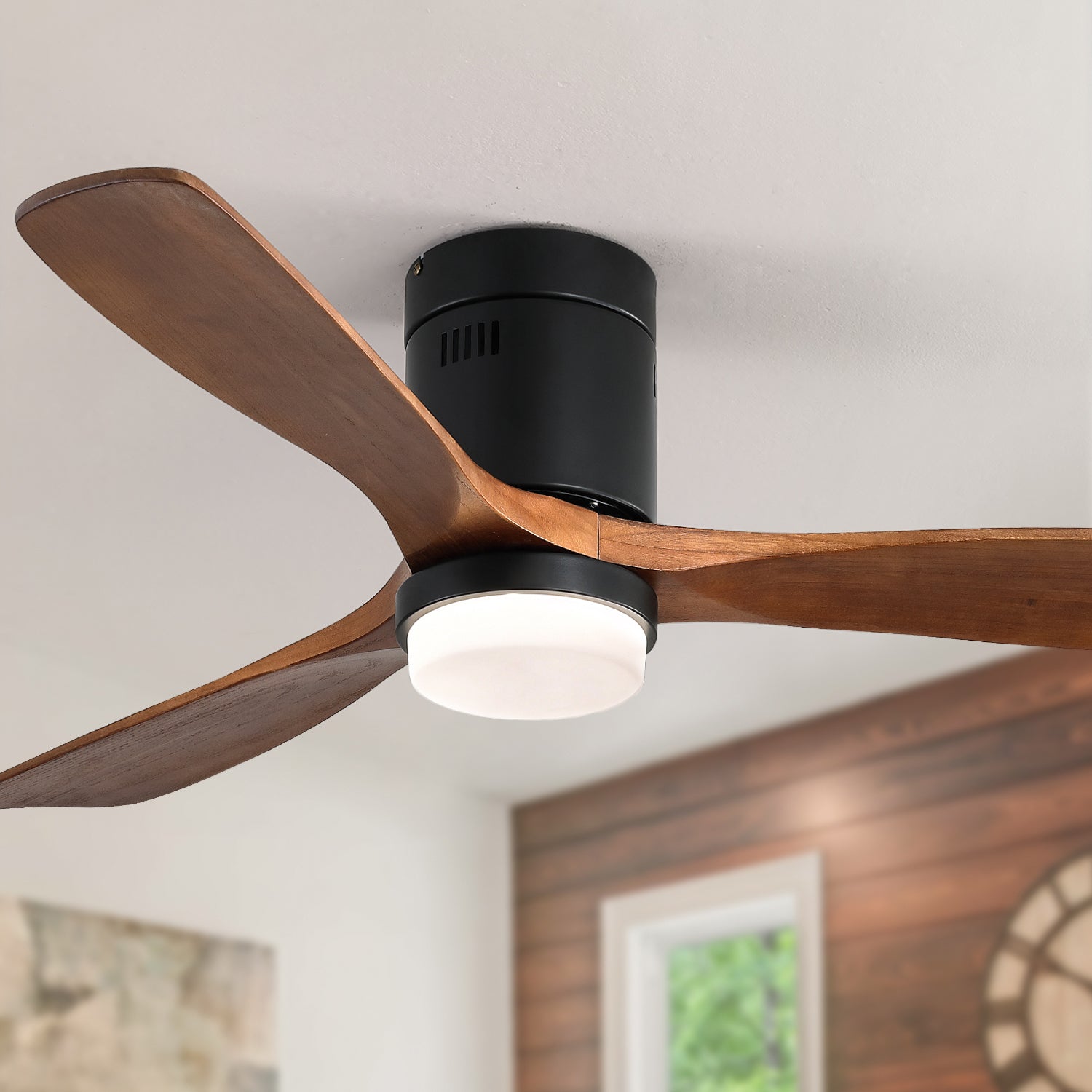 52 Inch Indoor S 3 Solid Wood Fan Blade Noiseless Reversible Motor Remote Control With Light Black Metal & Wood