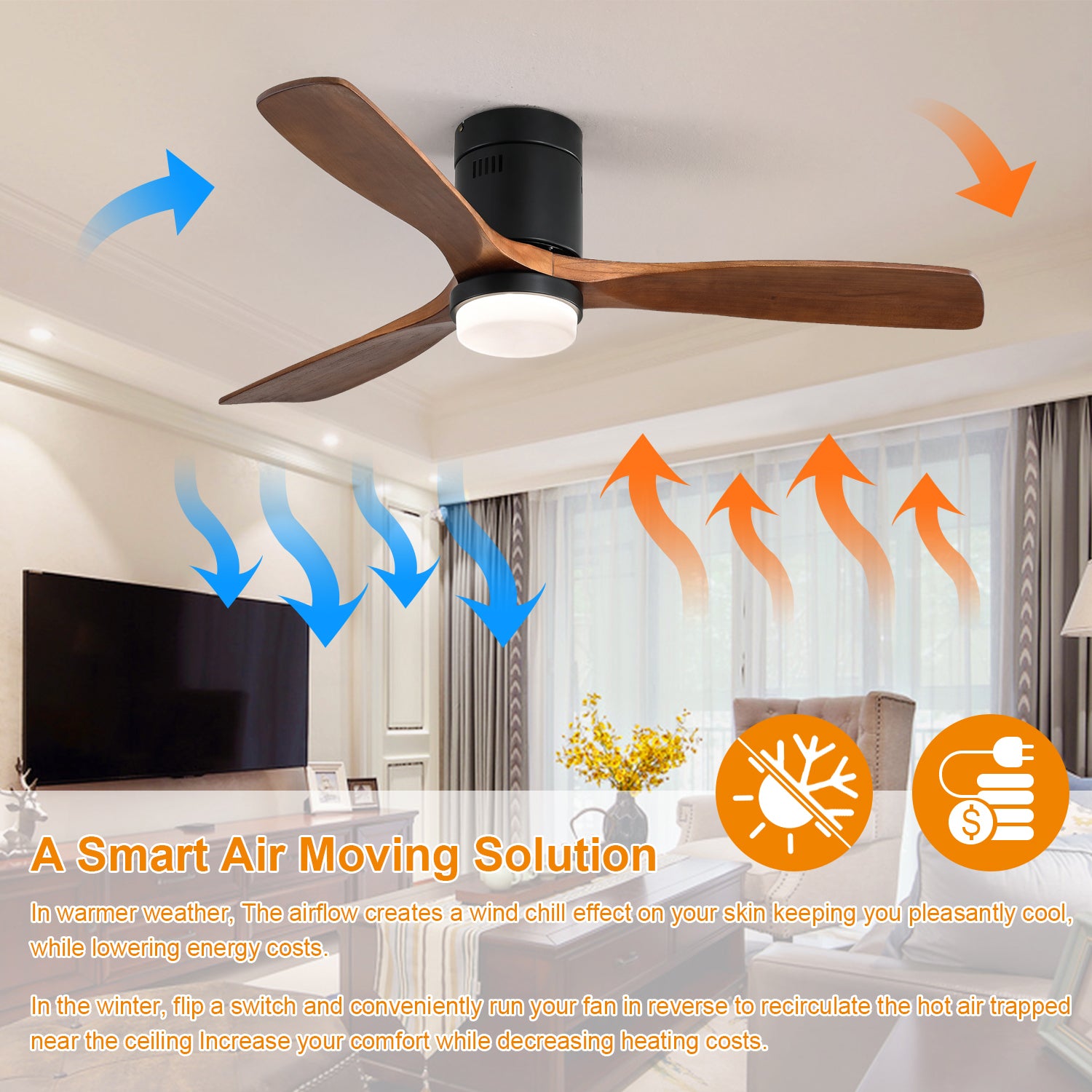 52 Inch Indoor S 3 Solid Wood Fan Blade Noiseless Reversible Motor Remote Control With Light Black Metal & Wood