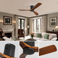 52 Inch Low Profile Ceiling Fan Dc 3 Carved Wood Fan Blade Noiseless Reversible Motor Remote Control Without Light Black Metal & Wood