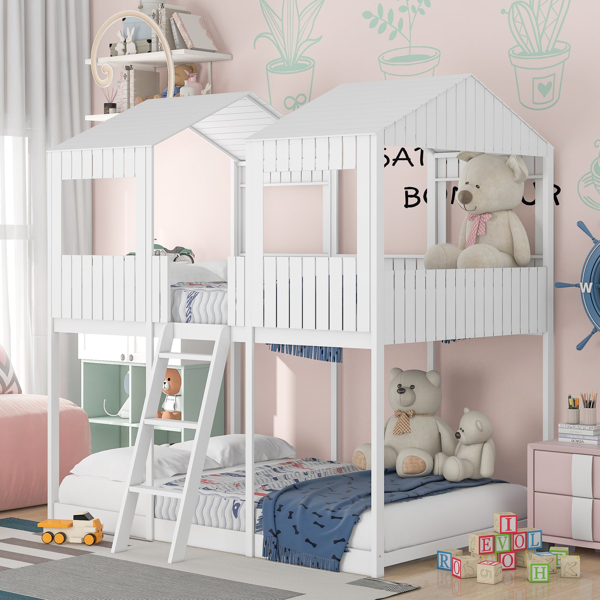 Full Over Full Woodbunk Bed With Roof, Window, Guardrail, Ladder White Old Sku: Lt000031Aak White Solid Wood