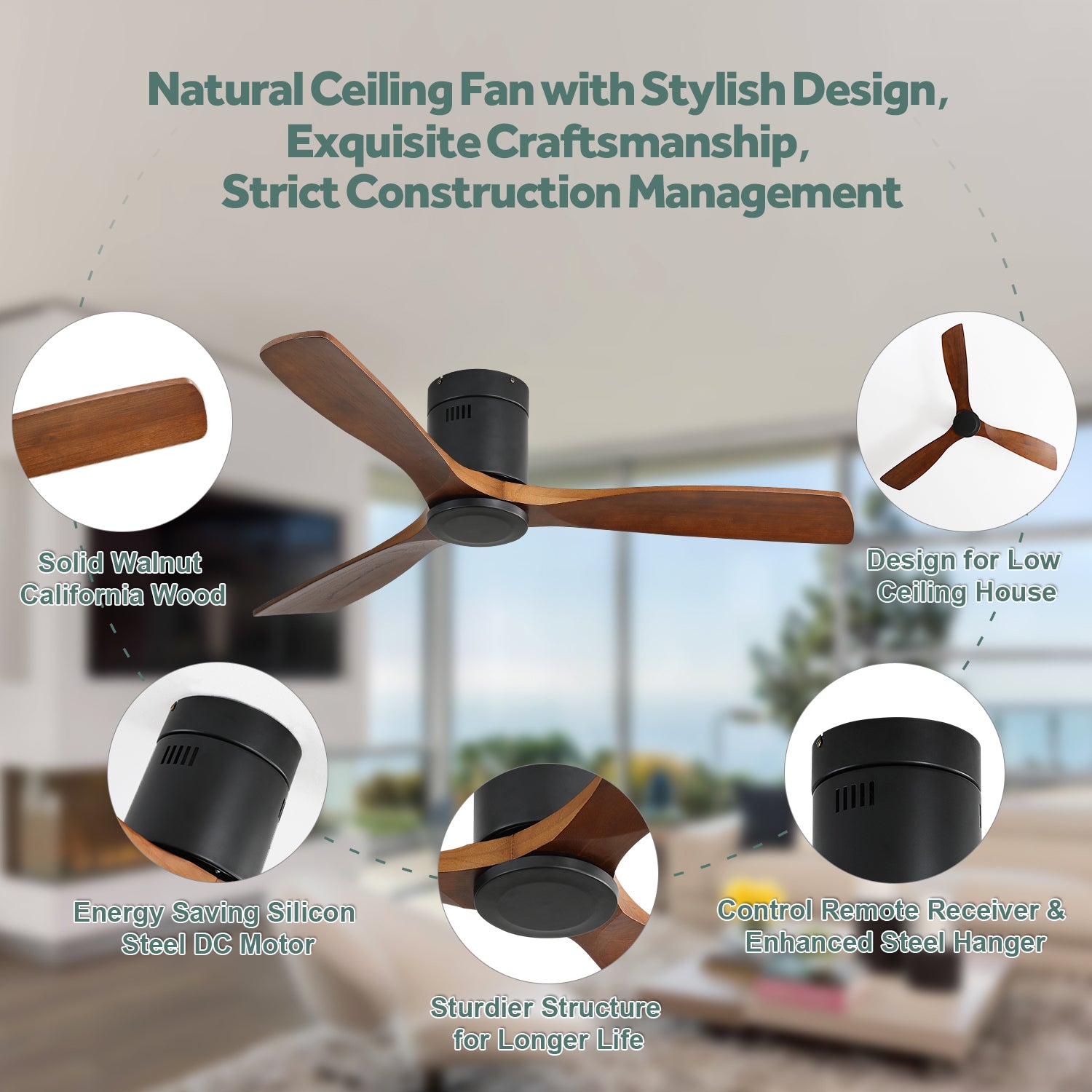 52 Inch Low Profile Ceiling Fan Dc 3 Carved Wood Fan Blade Noiseless Reversible Motor Remote Control Without Light Black Metal & Wood