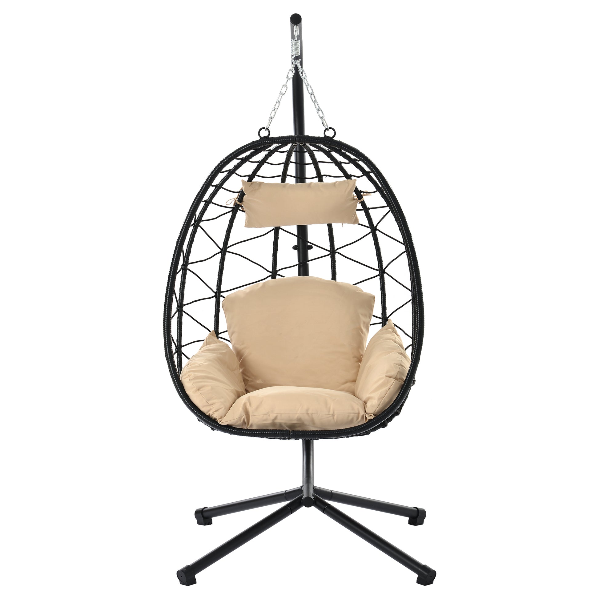 Egg Chair With Stand Indoor Outdoor Swing Chair Patio Wicker Hanging Egg Chair Hanging Basket Chair Hammock Chair With Stand For Bedroom Living Room Balcony Yes Sectional Beige Rust Resistant Frame Water Resistant Cushion Garden & Outdoor American Design