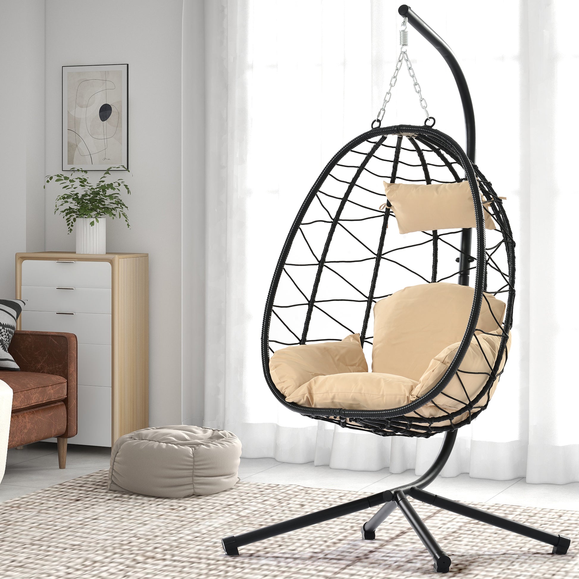 Egg Chair With Stand Indoor Outdoor Swing Chair Patio Wicker Hanging Egg Chair Hanging Basket Chair Hammock Chair With Stand For Bedroom Living Room Balcony Yes Sectional Beige Rust Resistant Frame Water Resistant Cushion Garden & Outdoor American Design