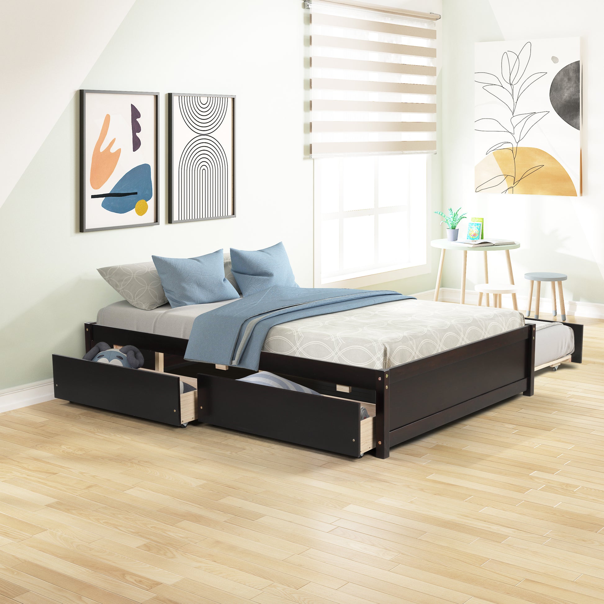 Full Bed With Twin Size Trundle And Two Drawers For Espresso Color Full Espresso Bedroom Solid Wood