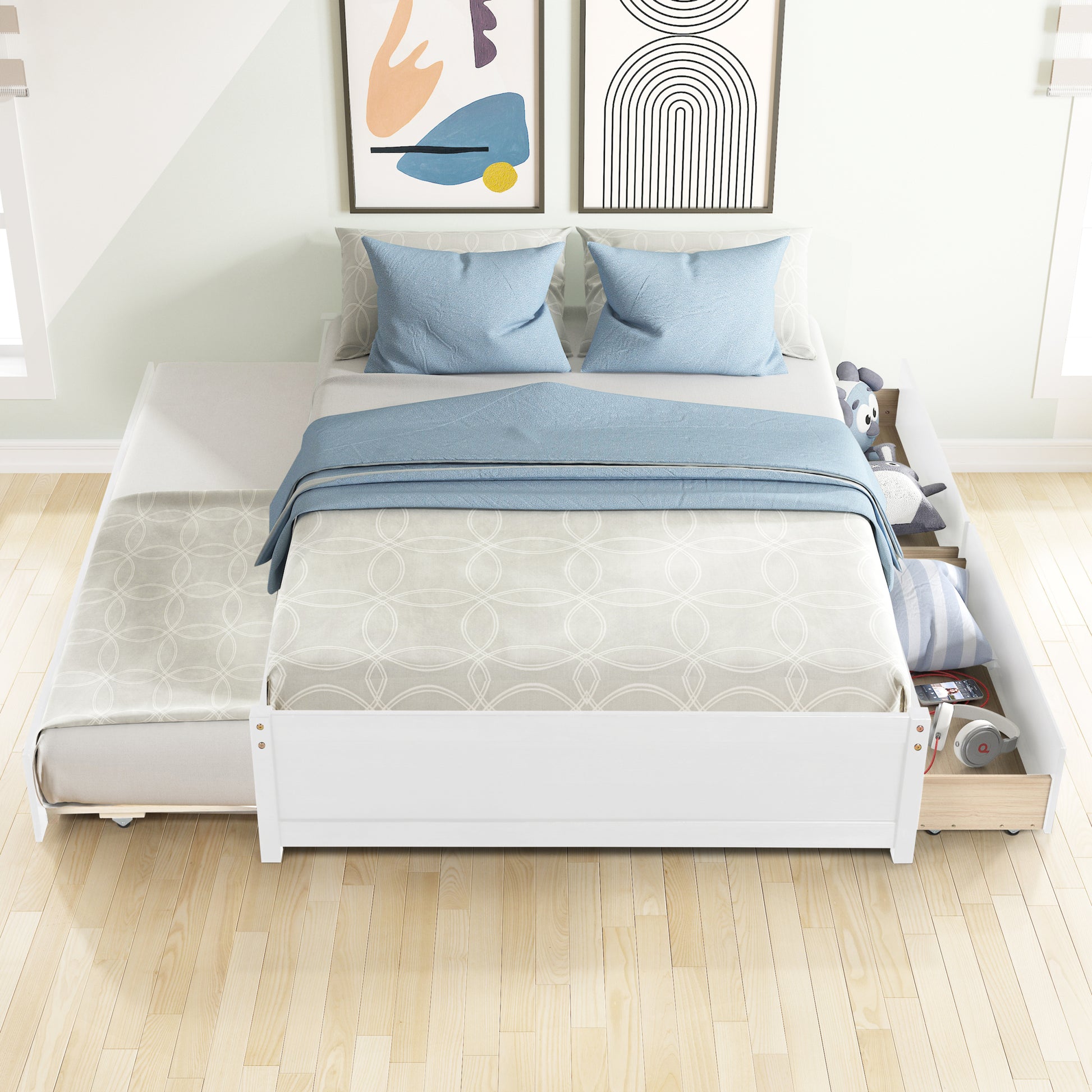 Full Bed With Twin Trundle And Two Drawers For White Color Full White Solid Wood