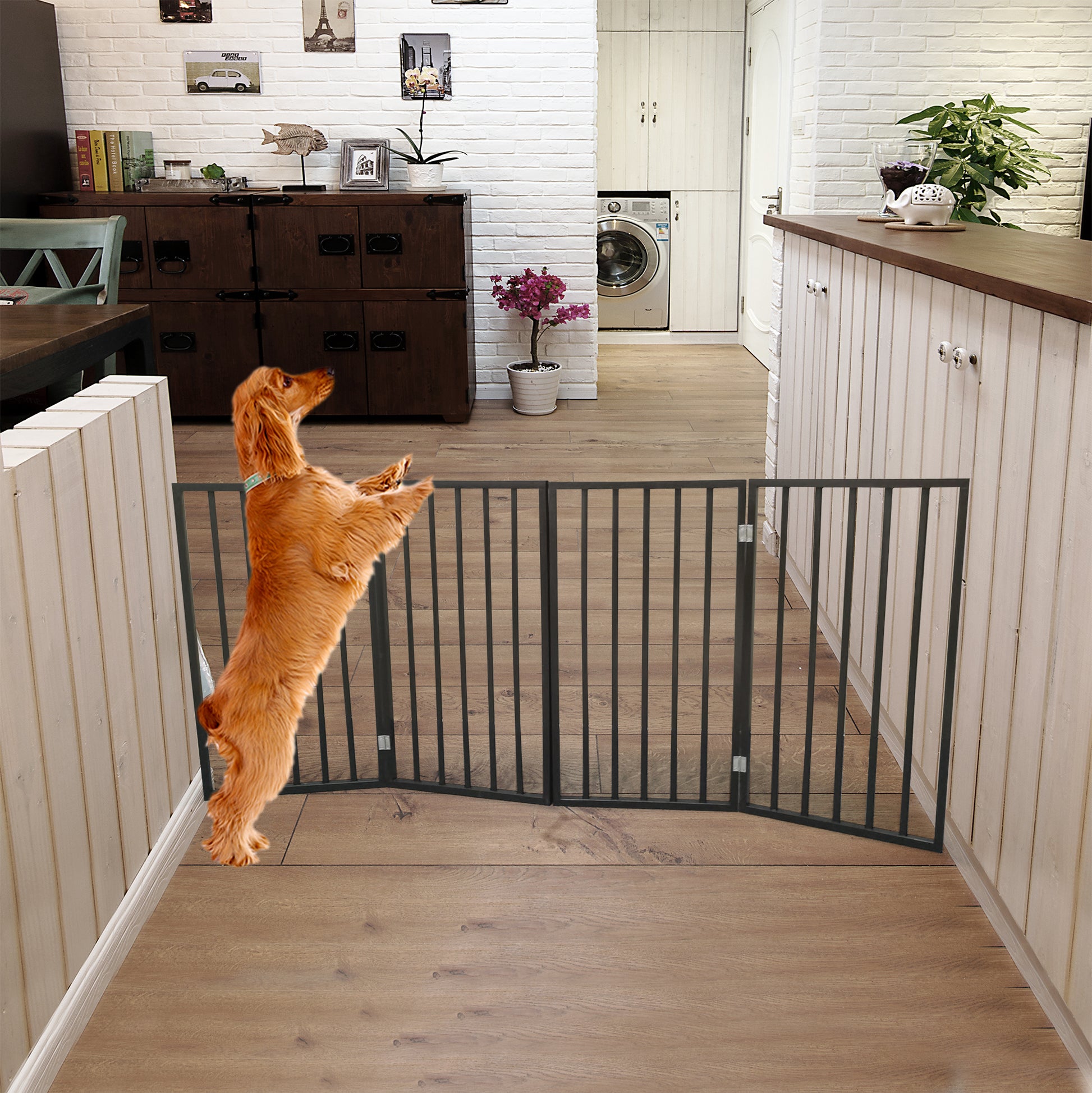 Pet Gate Dog Gate For Doorways, Stairs Or House Freestanding, Folding, Brown, Arc Wooden Dark Brown Solid Wood