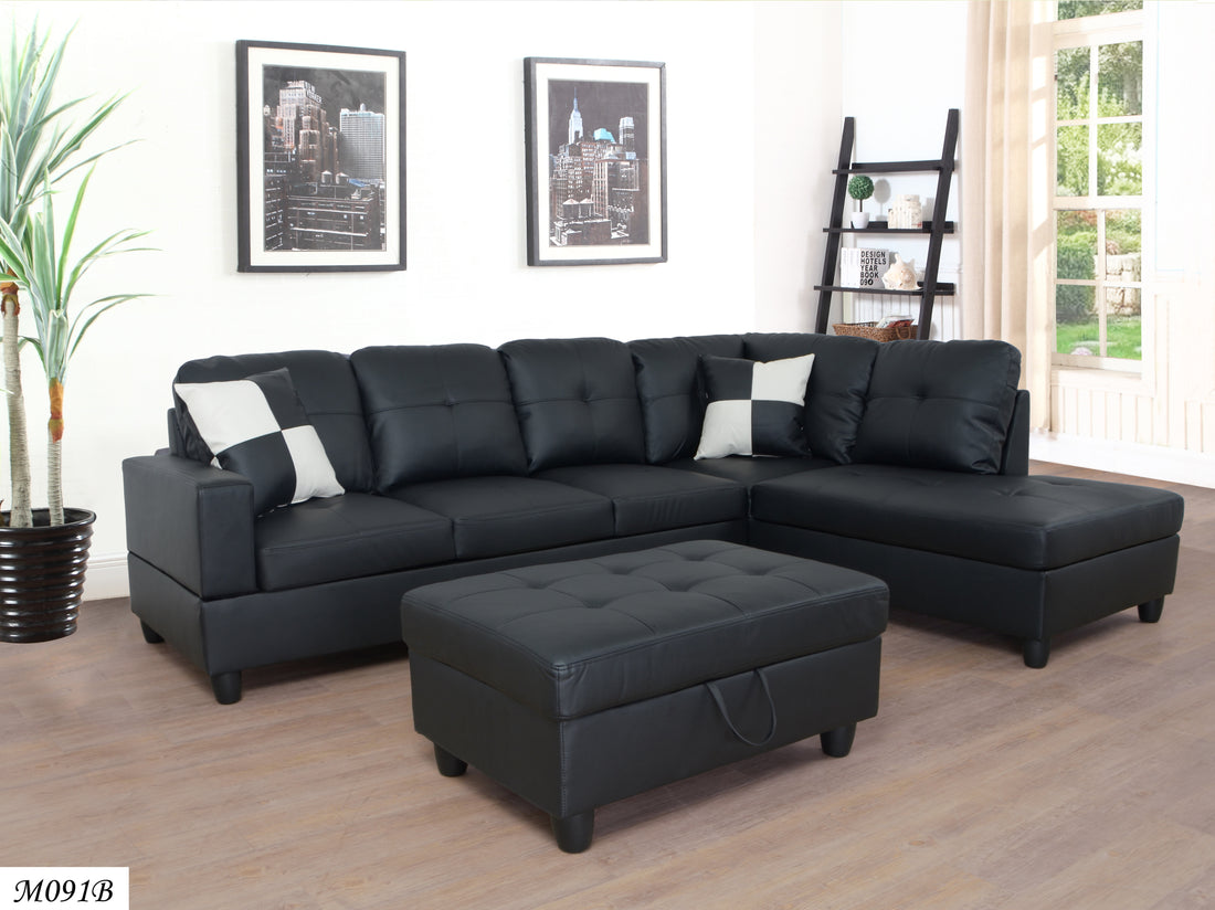 3 Pc Sectional Sofa Set, Black Faux Leather Left Facing Sofa With Free Storage Ottoman Black Leather