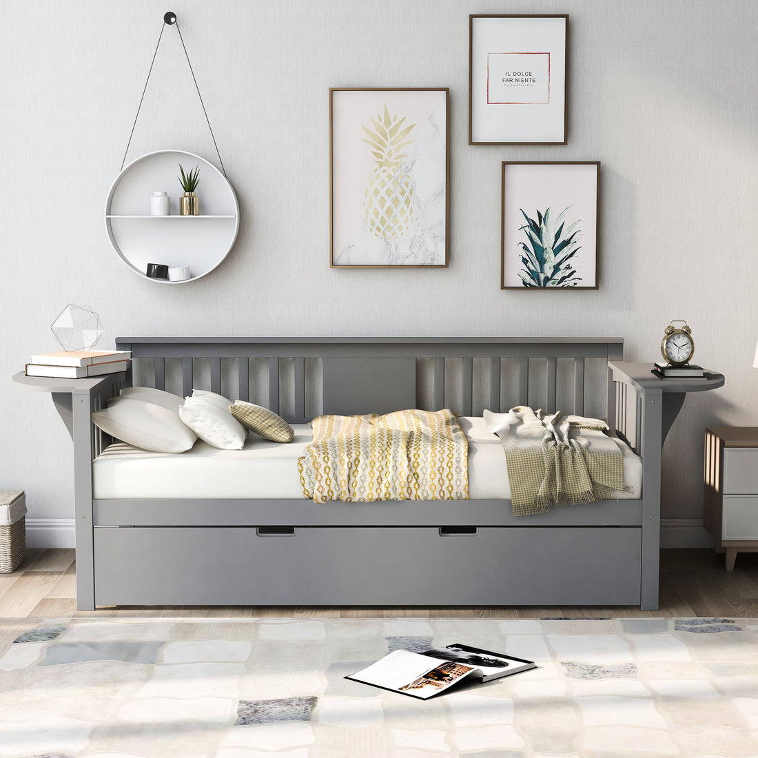 Twin Wooden Daybed With Trundle Bedsofa Bed For Bedroom Living Room, Gray Gray Solid Wood