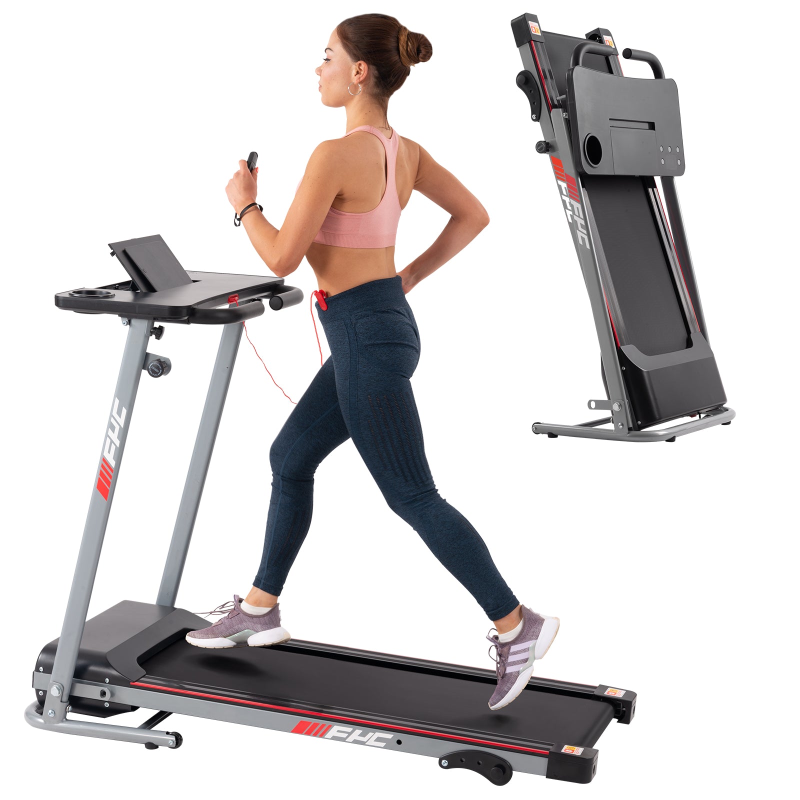 Fyc Folding Treadmill For Home With Desk 2.5Hp Compact Electric Treadmill For Running And Walking Foldable Portable Running Machine For Small Spaces Workout, 265Lbs Weight Capacity Gray Steel