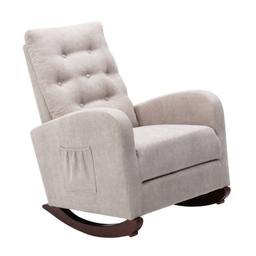 Baby Room High Back Rocking Chair Nursery Chaircomfortable Rocker Fabric Padded Seat ,Modern High Back Armchair Tan Cotton