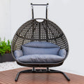 Charcoal Wicker Hanging Double Seat Swing Chair With Stand W Dust Blue Cushion Black Rattan