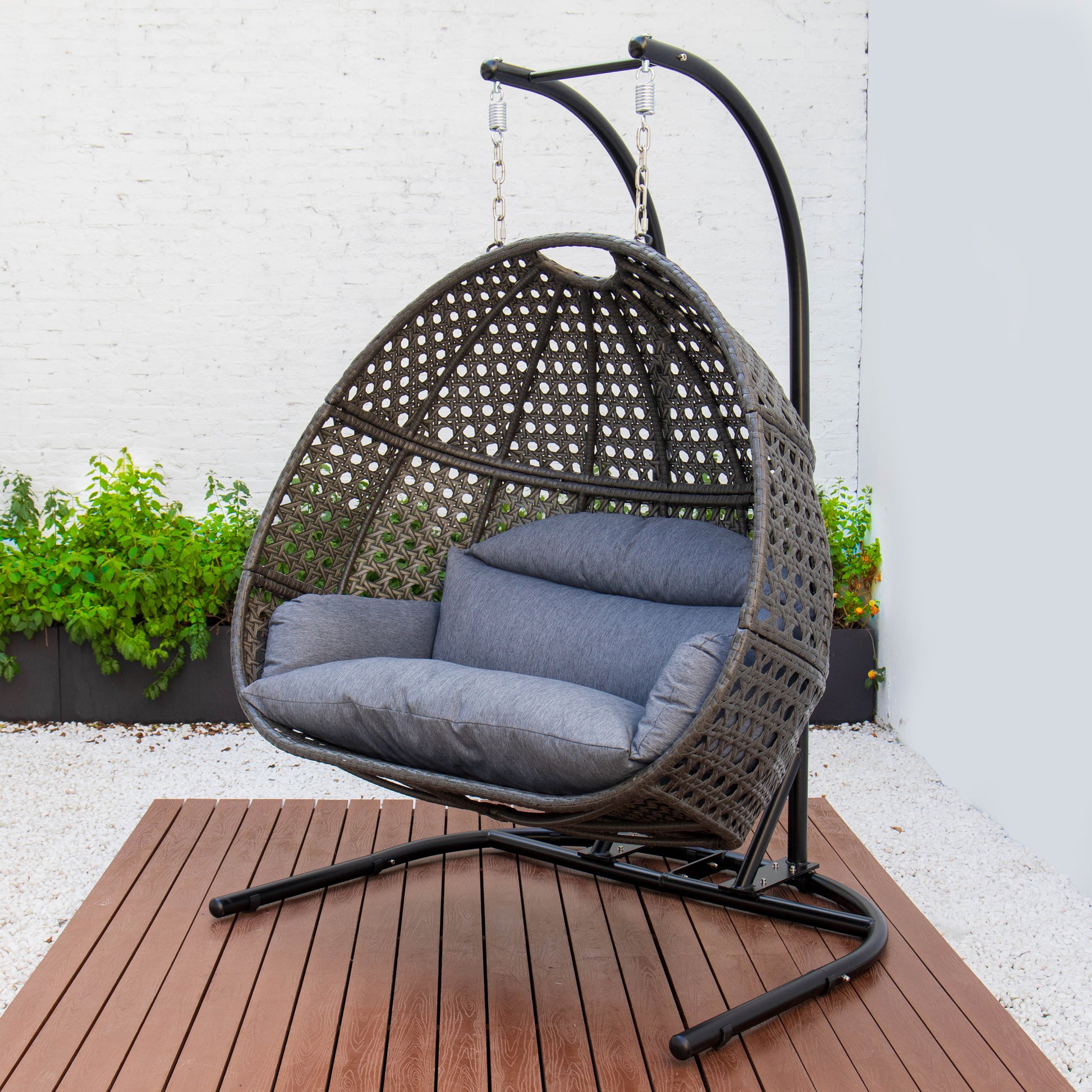 Charcoal Wicker Hanging Double Seat Swing Chair With Stand W Dust Blue Cushion Black Rattan