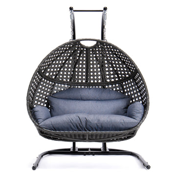 Charcoal Wicker Hanging Double Seat Swing Chair With Stand W Dust Blue Cushion Black Rattan