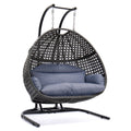 Charcoal Wicker Hanging Double Seat Swing Chair With Stand W Dust Blue Cushion Black Rattan