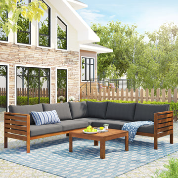 Wood Structure Outdoor Sofa Set With Gray Cushions Exotic Design Water Resistant And Uv Protected Texture High Quality Acacia Wood Strong Metal Accessories Yes Complete Patio Set Gray Garden & Outdoor Wood Acacia Wood