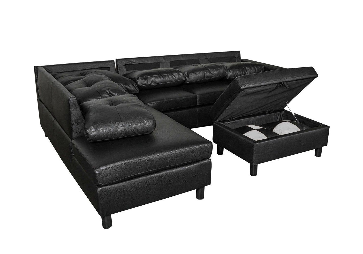 3 Piece Modular Sofa Set, Black Faux Leather Right Side Lounger With Free Storage Footrest Black Leather