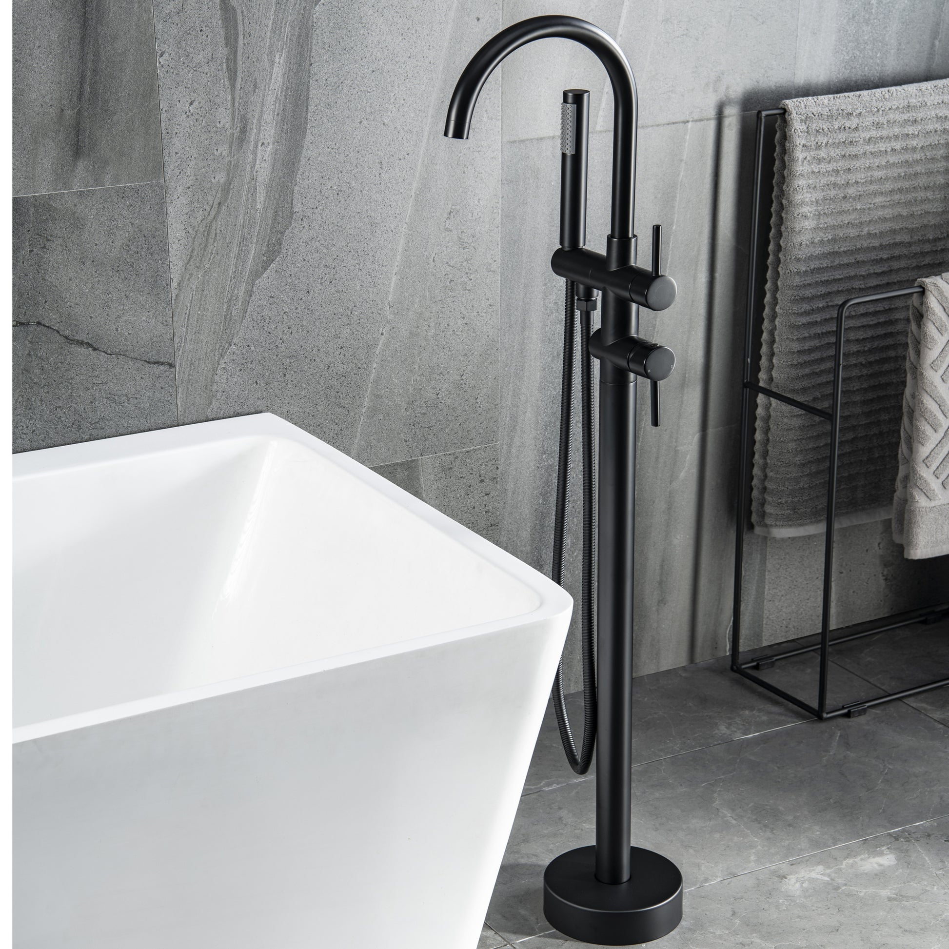 Trustmade Double Handle Freestanding Tub Filler With Handshower, Matte Black R01 Black Brass