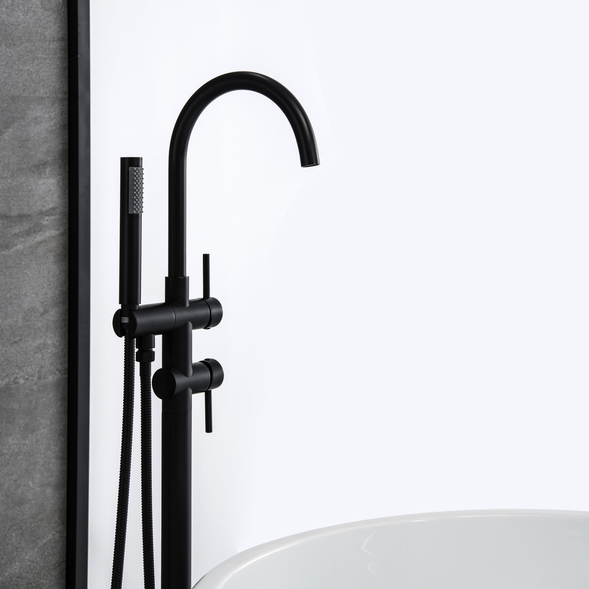 Trustmade Double Handle Freestanding Tub Filler With Handshower, Matte Black R01 Black Brass