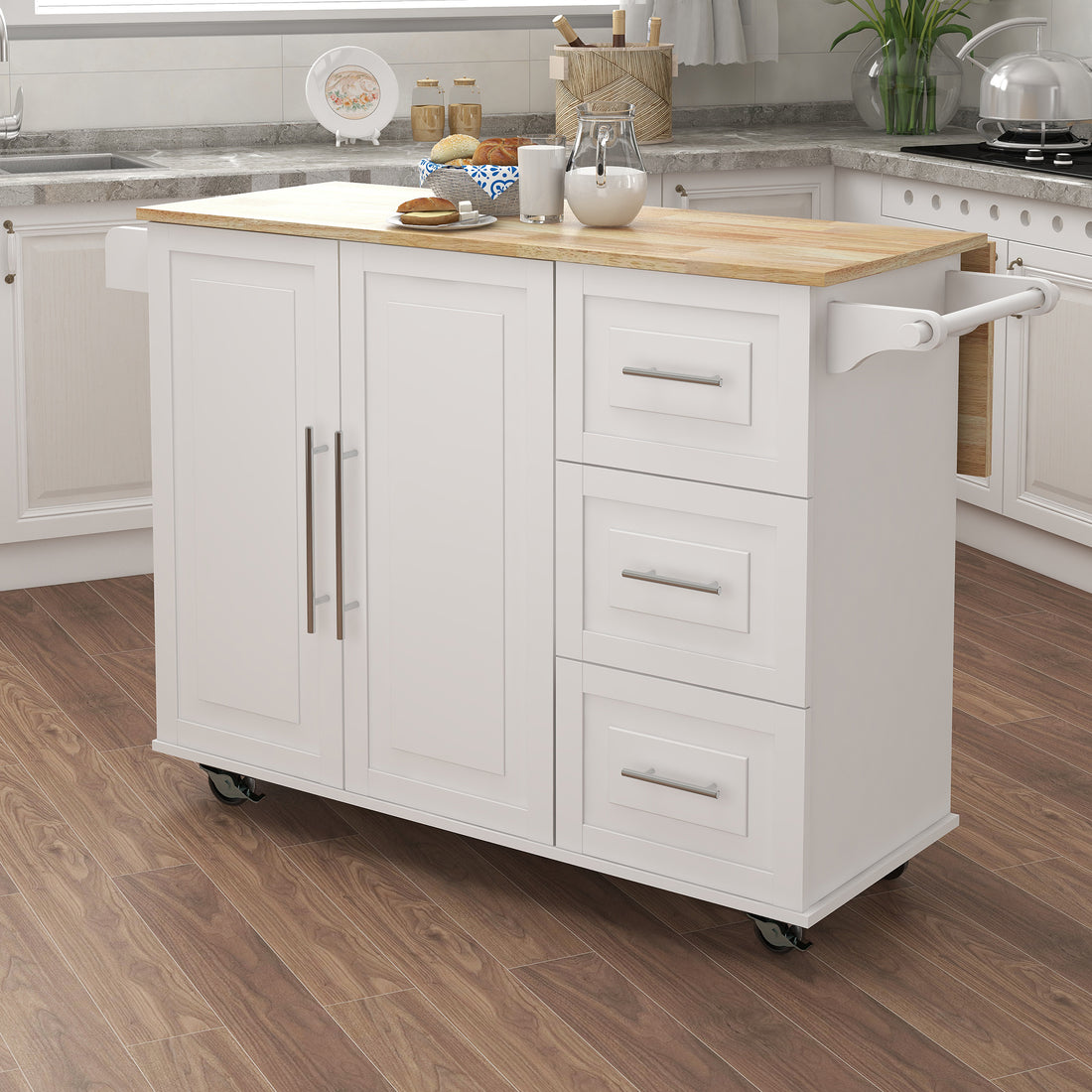 Kitchen Island With Spice Rack, Towel Rack And Extensible Solid Wood Table Top White White Mdf