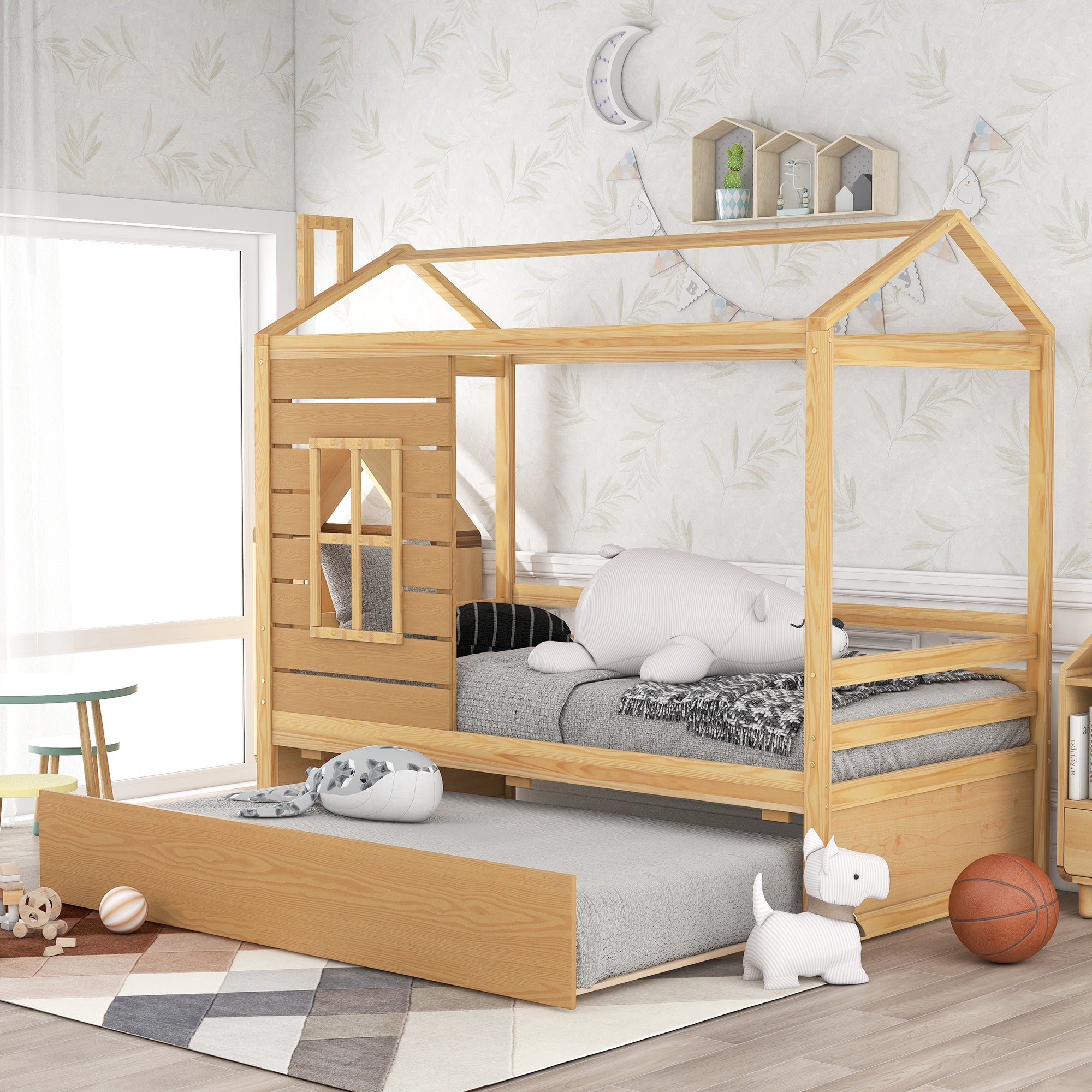 Twin Size House Bed Wood Bed With Twin Size Trundle Natural Twin Natural Solid Wood