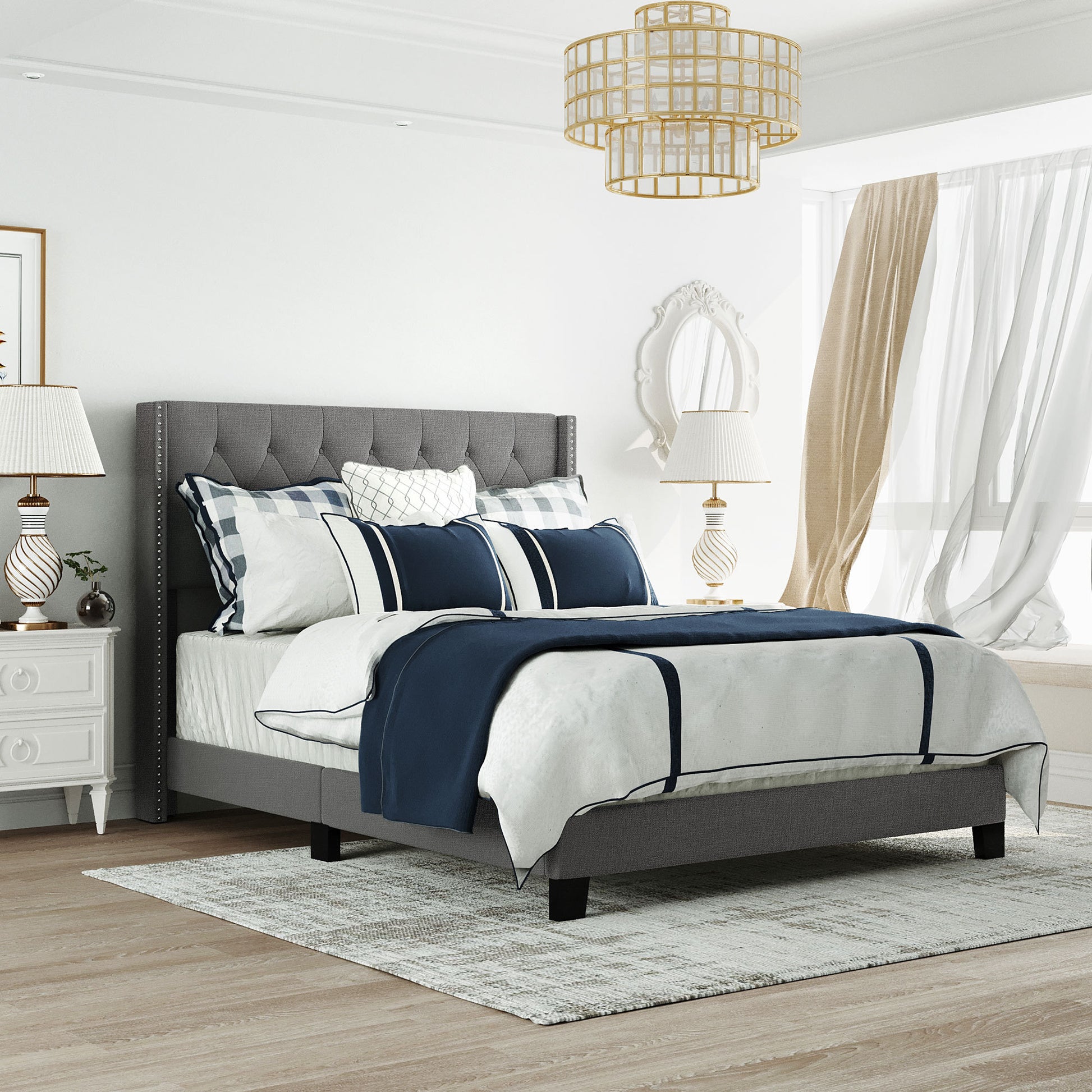 Upholstered Platform Bed With Classic Headboard, Box Spring Needed, Gray Linen Fabric, Queen Size Gray Upholstered