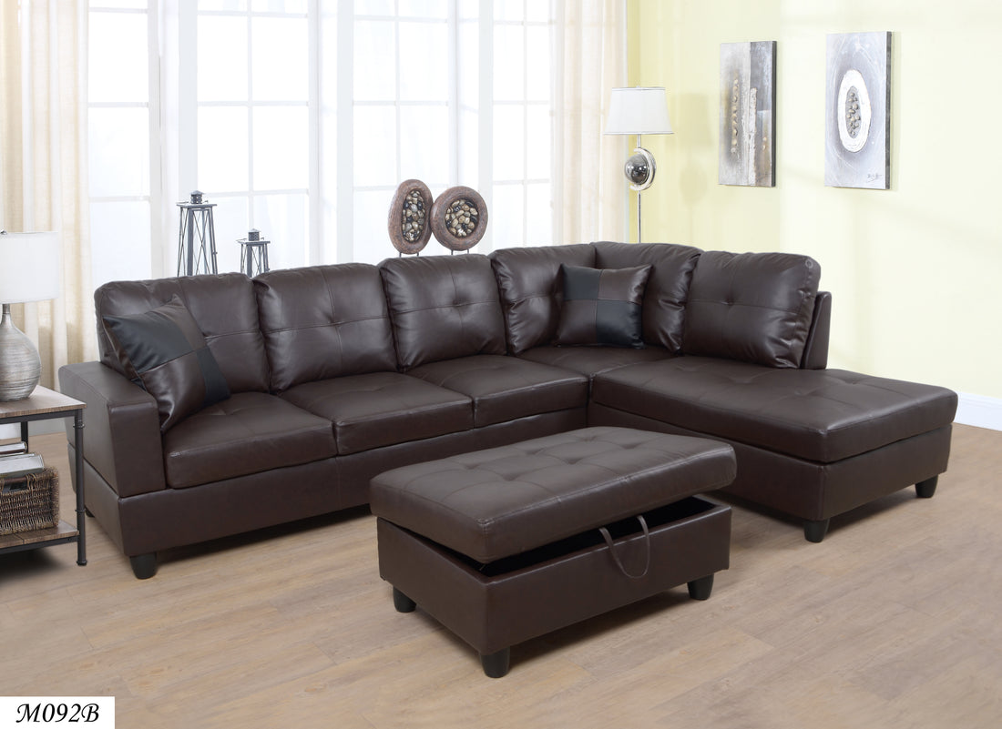 3 Pc Sectional Sofa Set, Brown Faux Leather Left Facing Chaise With Free Storage Ottoman Brown Leather