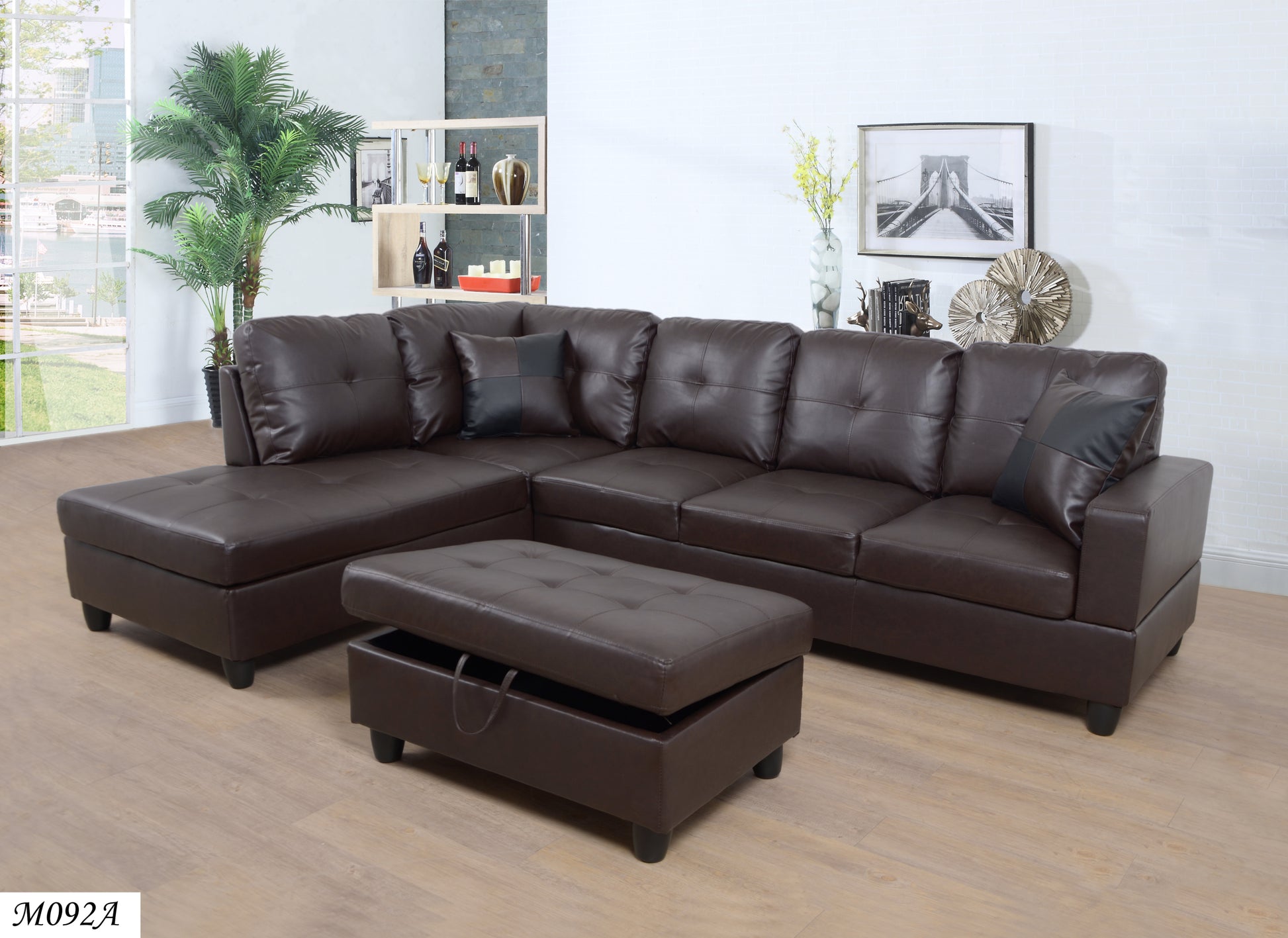 3 Pc Sectional Sofa Set, Brown Faux Leather Right Facing Chaise With Free Storage Ottoman Brown Leather