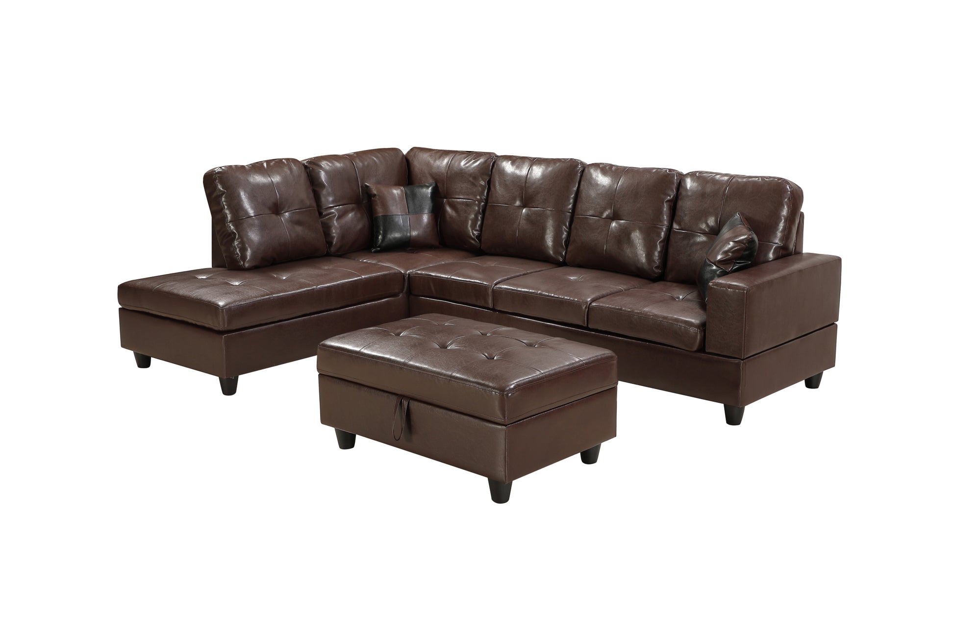 3 Pc Sectional Sofa Set, Brown Faux Leather Right Facing Chaise With Free Storage Ottoman Brown Leather