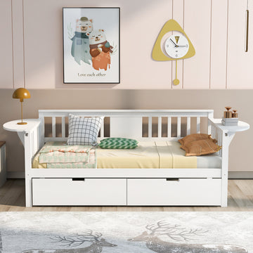 Twin Size Daybed With Two Drawers, Wood Slat Support, White White Solid Wood