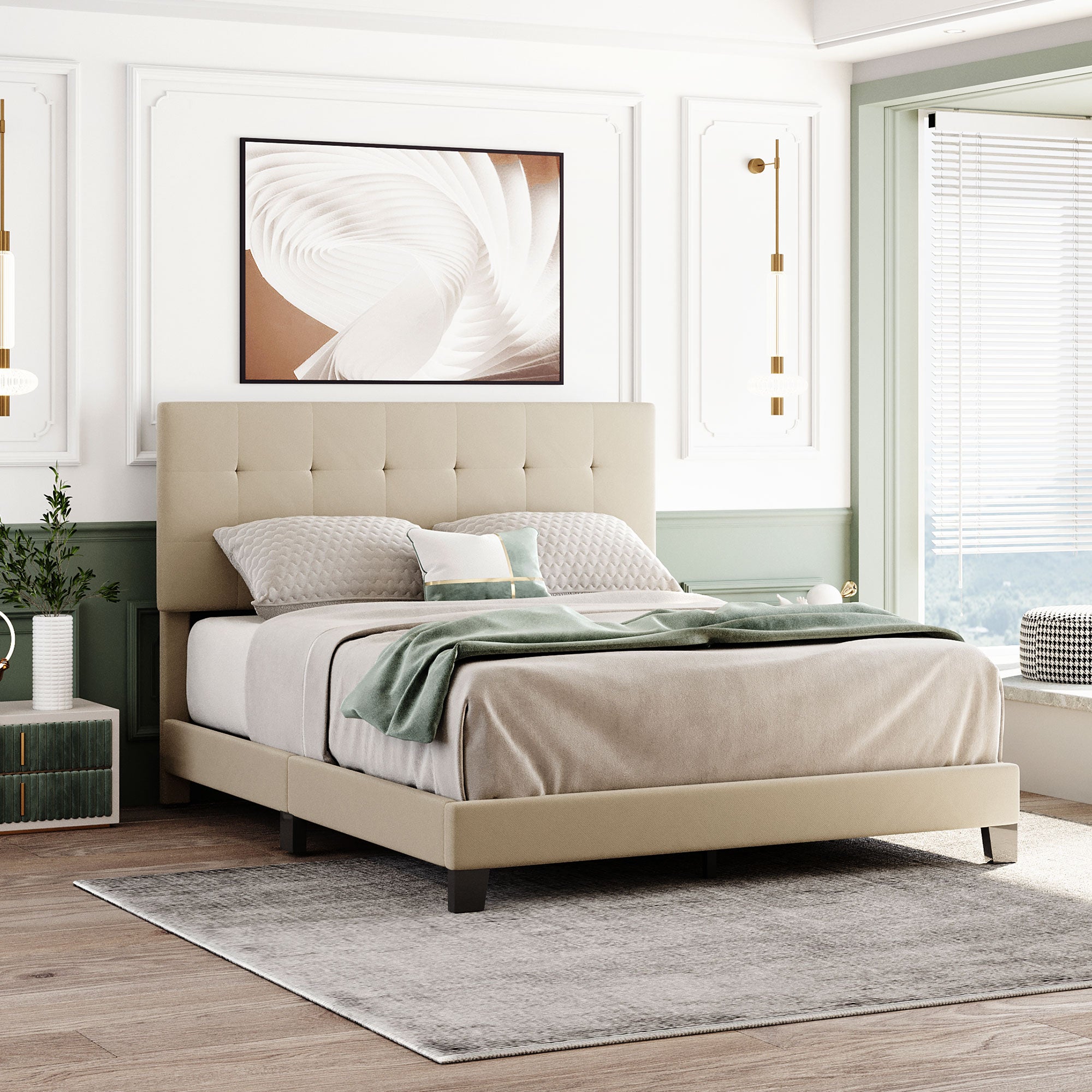 Upholstered Platform Bed With Tufted Headboard, Box Spring Needed, Beige Linen Fabric, Queen Size Beige Upholstered