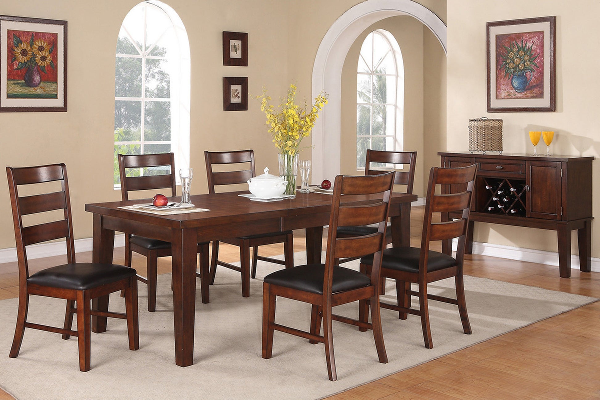 Contemporary Rectangle Dining Table W Leaf 6X Side Chairs 7Pc Set Antique Walnut Wood Finish Dining Room Furniture Wood Dining Room Extendable Rubberwood Rectangular Dining Table With Chair Wood Wood Walnut Ladder Back Seats 6 60 Inches Removable Leaf