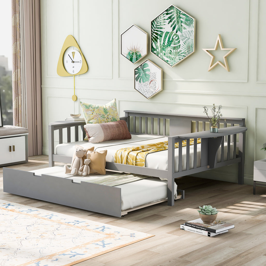 Full Size Daybed With Twin Size Trundle, Wood Slat Support, Gray Gray Solid Wood