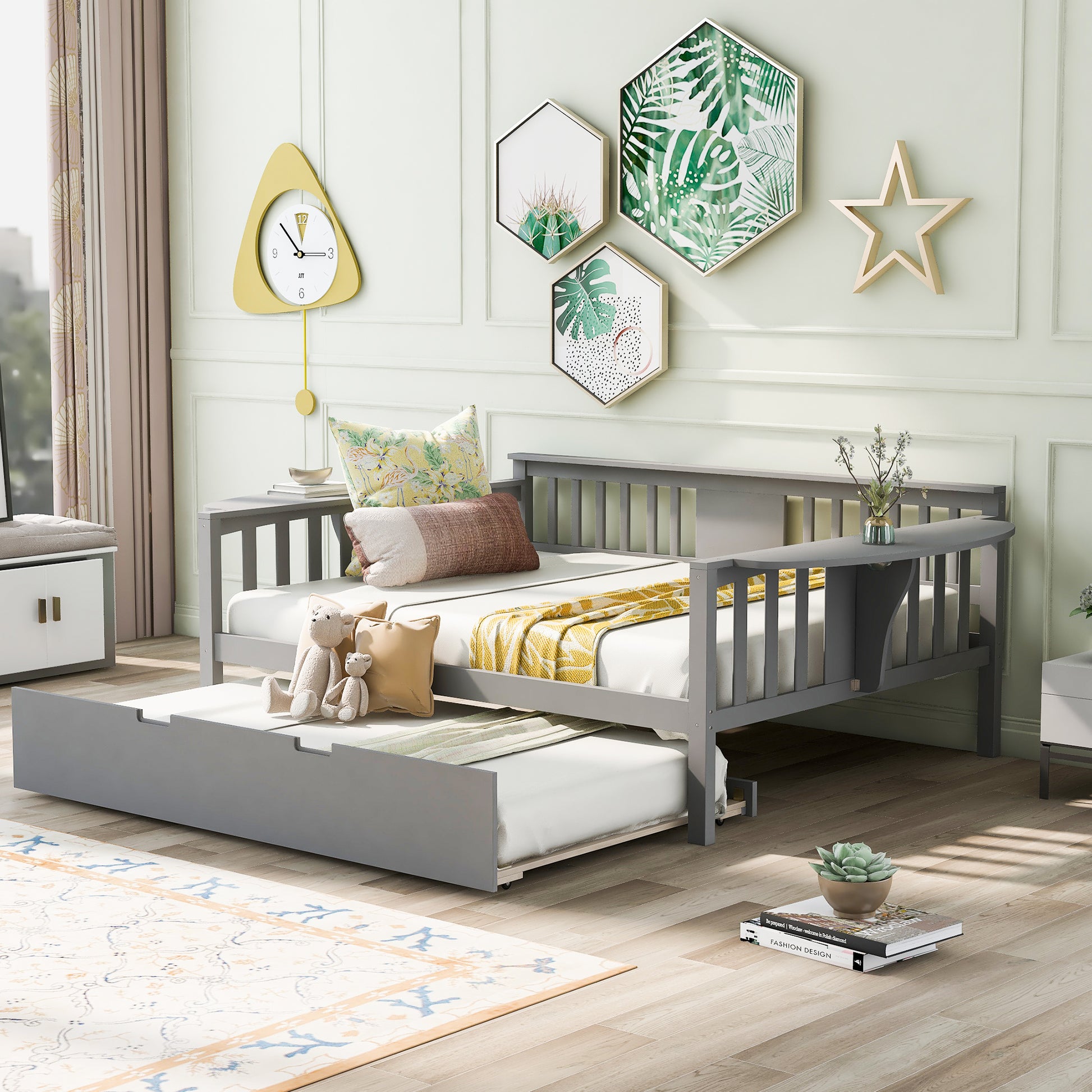 Full Size Daybed With Twin Size Trundle, Wood Slat Support, Gray Gray Solid Wood