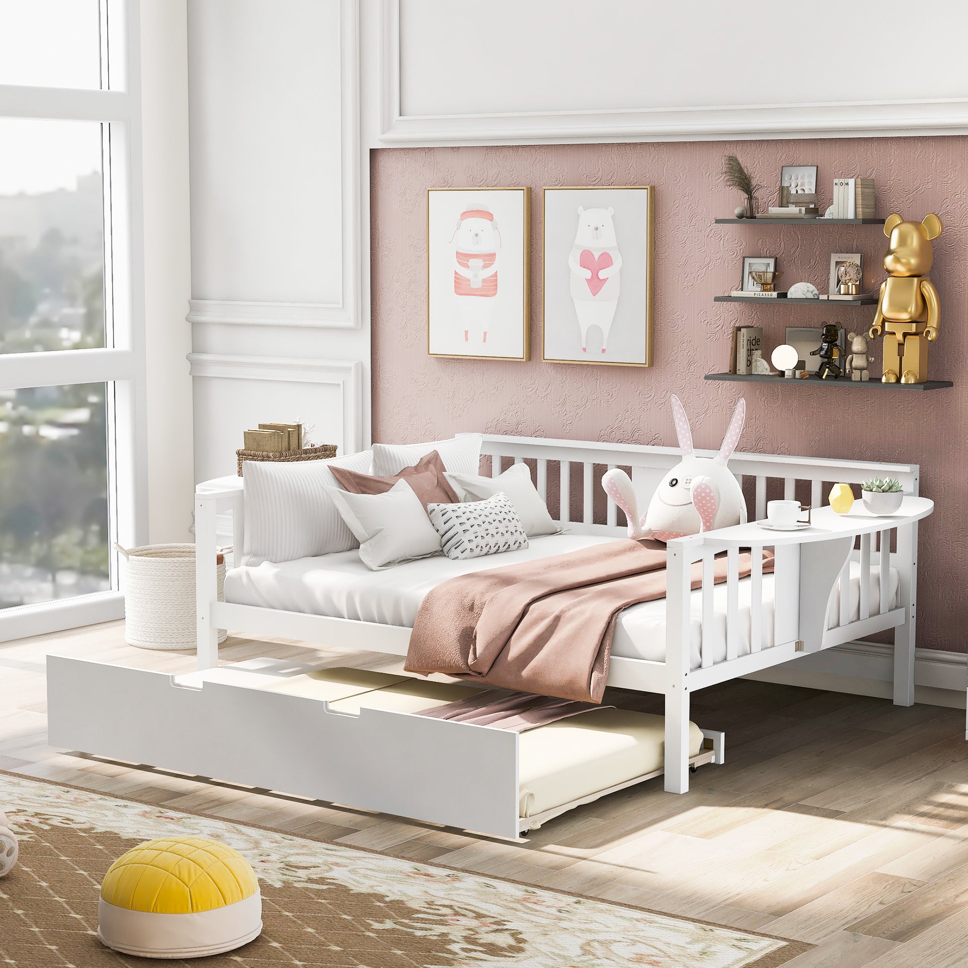 Full Size Daybed With Twin Size Trundle, Wood Slat Support, White White Solid Wood